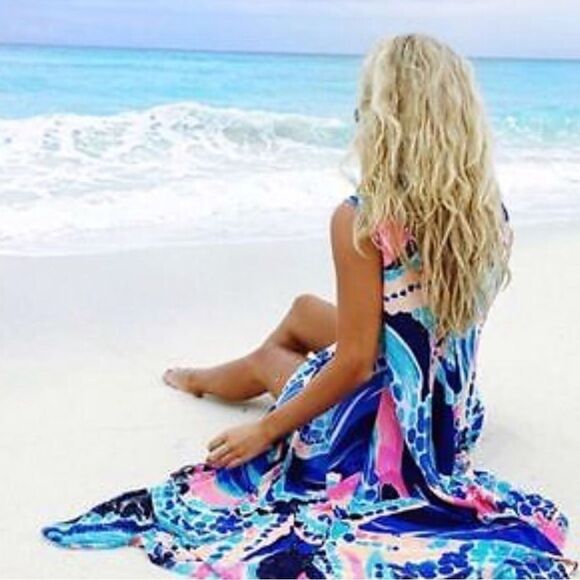 LILLY PULITZER Anise Ocean Jewels Waterfall Double V Silk Maxi Dress Size L - Picture 13 of 13